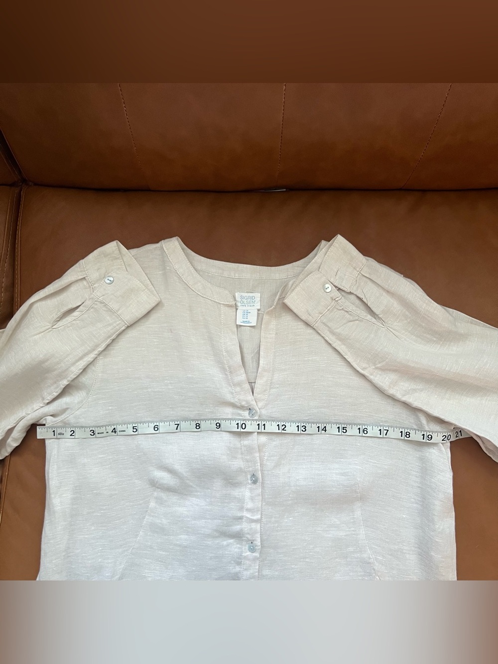 Sigrid Olsen 100% Linen Top Light Beige Taupe Button-Front Tunic Pockets Sz M - Picture 5 of 7